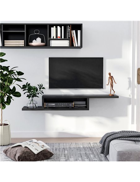 HOMCOM Floating TV Unit, Wall Mounted TV Stand with Open Shelf and 2 Cable Holes, Entertainment Unit for Living Room, Black