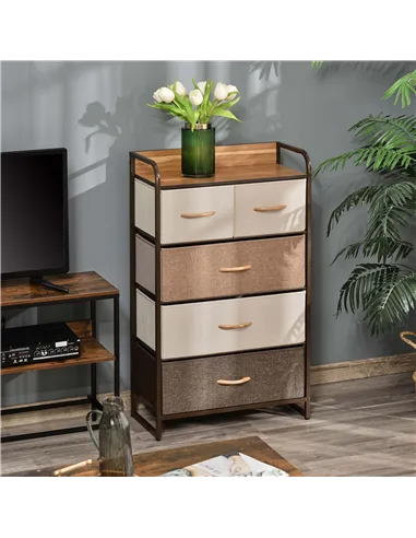 HOMCOM 5-Drawer Dresser Tower 3-Tier Storage Organizer with Steel Frame Wooden Top for Bedroom Hallway Closets