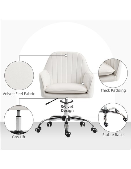 HOMCOM Velvet-Feel Office Chair with Adjustable Height and Wheels - Cream White