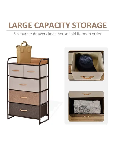 HOMCOM 5-Drawer Dresser Tower 3-Tier Storage Organizer with Steel Frame Wooden Top for Bedroom Hallway Closets