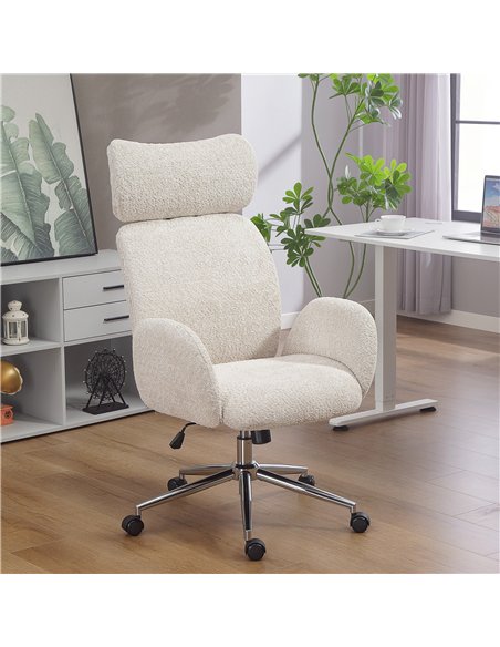 HOMCOM Office Chair with Adjustable Headrest, Spring Pack, Curved Line, Boucle Fabric - Pale Grey
