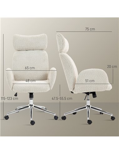 HOMCOM Office Chair with Adjustable Headrest, Spring Pack, Curved Line, Boucle Fabric - Pale Grey