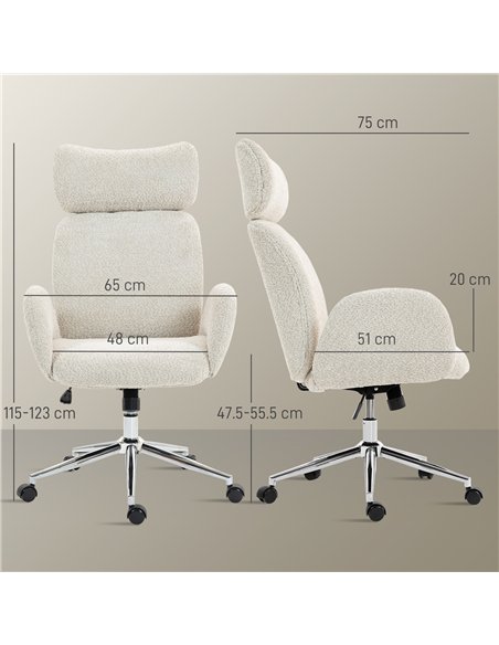HOMCOM Office Chair with Adjustable Headrest, Spring Pack, Curved Line, Boucle Fabric - Pale Grey