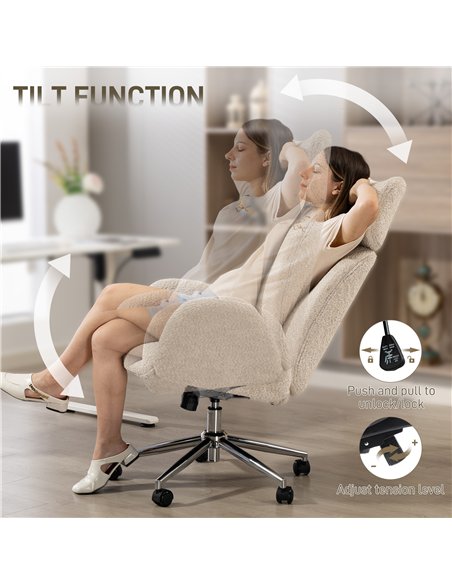 HOMCOM Office Chair with Adjustable Headrest, Spring Pack, Curved Line, Boucle Fabric - Pale Grey