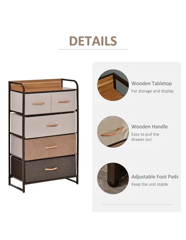 HOMCOM 5-Drawer Dresser Tower 3-Tier Storage Organizer with Steel Frame Wooden Top for Bedroom Hallway Closets