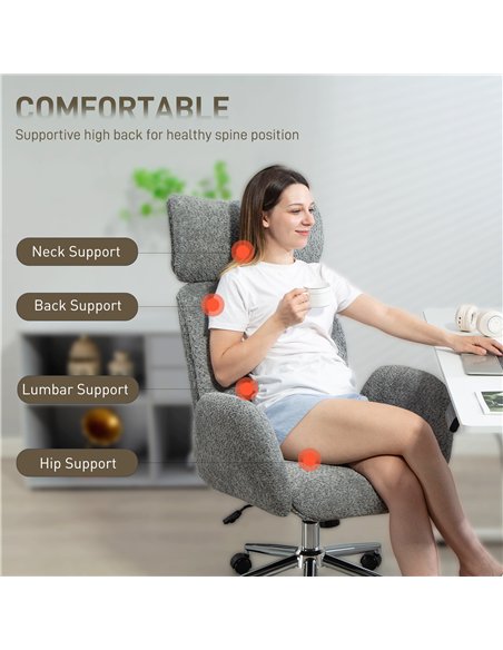 HOMCOM Office Chair with Adjustable Headrest, Spring Pack, Curved Line, Boucle Fabric - Charcoal Grey