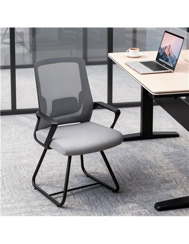 HOMCOM Desk Chair No Wheels, Office Chair with Mesh Back, Lumbar Support, Metal Base for Waiting Room, Conference Room, Dark Gre