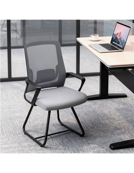 HOMCOM Desk Chair No Wheels, Office Chair with Mesh Back, Lumbar Support, Metal Base for Waiting Room, Conference Room, Dark Gre