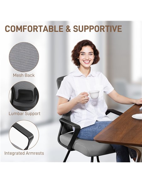 HOMCOM Desk Chair No Wheels, Office Chair with Mesh Back, Lumbar Support, Metal Base for Waiting Room, Conference Room, Dark Gre