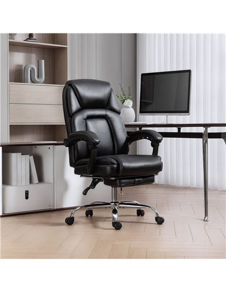 HOMCOM Faux Leather Reclining Office Chair, with Footrest - Black