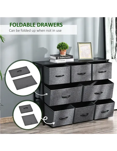 HOMCOM Chest of Drawers with 8 Foldable Drawers, 3-Tier Fabric Bedroom Dresser, Clothes Storage Unit for Bedroom Living Room, Da