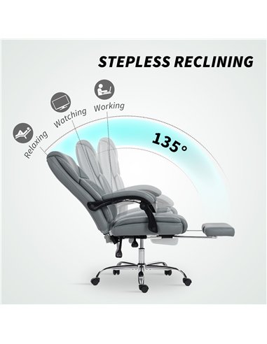 HOMCOM Faux Leather Reclining Office Chair, with Footrest - Grey