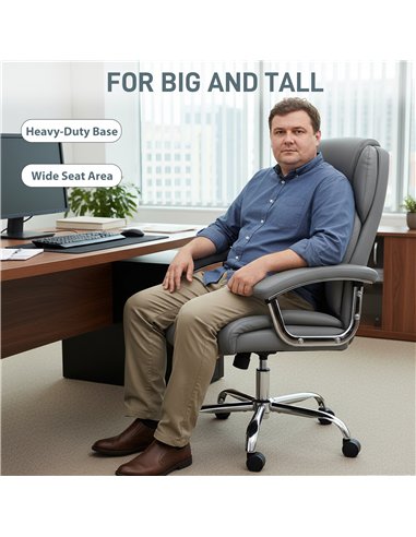 HOMCOM Big and Tall Office Chair 180kg with Spring Cushion, PU Leather - Grey