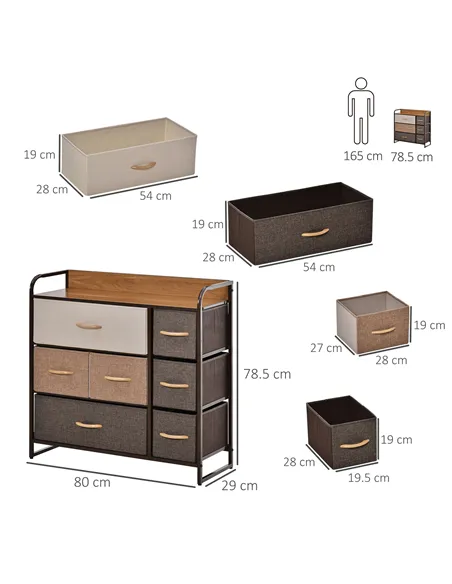 HOMCOM Chest of Drawers with 7 Foldable Drawers, 3-Tier Fabric Bedroom Dresser, Clothes Storage Unit for Bedroom, Living Room, M