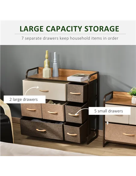 HOMCOM Chest of Drawers with 7 Foldable Drawers, 3-Tier Fabric Bedroom Dresser, Clothes Storage Unit for Bedroom, Living Room, M