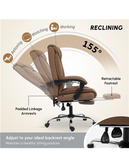 HOMCOM 155° Reclining Faux Leather Swivel Office Chair - Brown