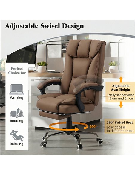 HOMCOM 155° Reclining Faux Leather Swivel Office Chair - Brown