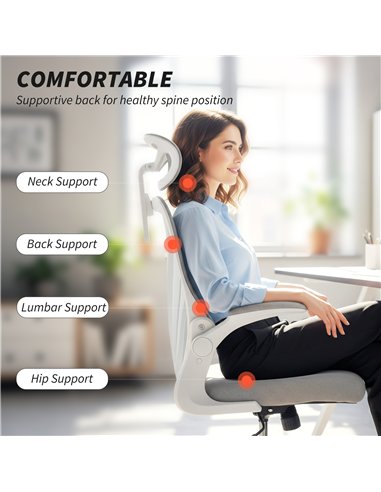 HOMCOM Ergonomic Office Chair with Foldable Backrest, 2D Headrest - Light Grey