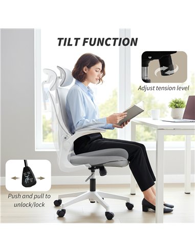 HOMCOM Ergonomic Office Chair with Foldable Backrest, 2D Headrest - Light Grey