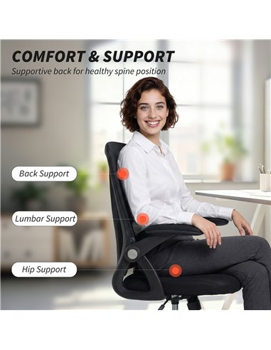 HOMCOM Office Chair, Mesh Desk Chair with Flip-up Armrests, Lumbar Support, Adjustable Height, Black