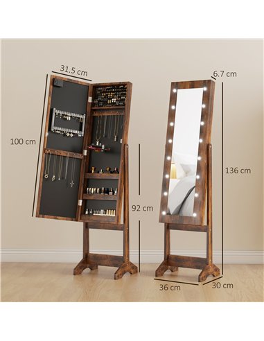 HOMCOM Freestanding Mirrored Jewellery Storage Cabinet - Wood-Effect