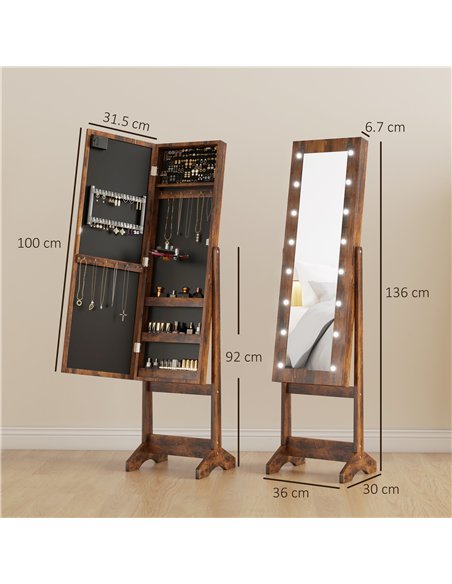 HOMCOM Freestanding Mirrored Jewellery Storage Cabinet - Wood-Effect