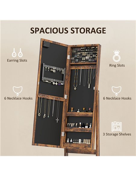 HOMCOM Freestanding Mirrored Jewellery Storage Cabinet - Wood-Effect