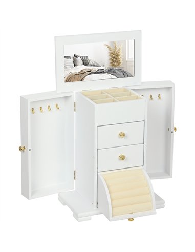 HOMCOM 4-Tier Jewellery Box with Mirror and 2 Drawers - White