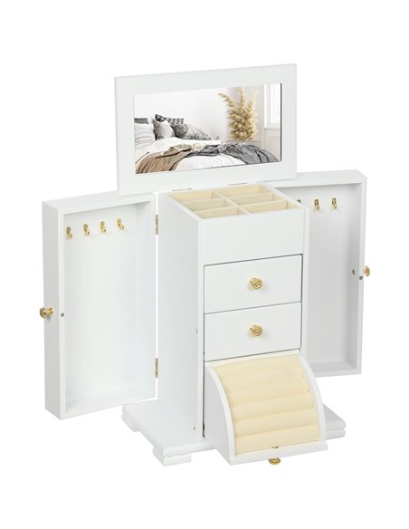 HOMCOM 4-Tier Jewellery Box with Mirror and 2 Drawers - White