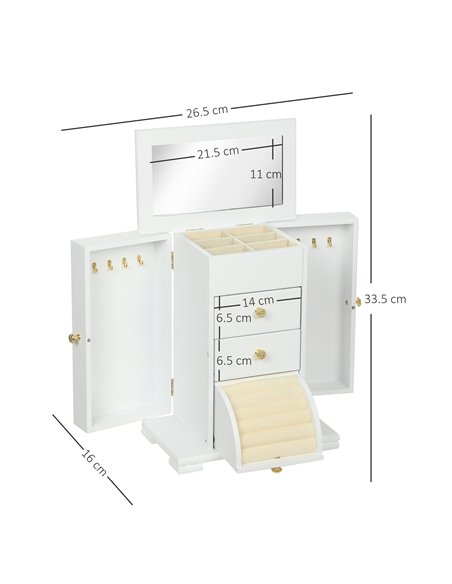 HOMCOM 4-Tier Jewellery Box with Mirror and 2 Drawers - White
