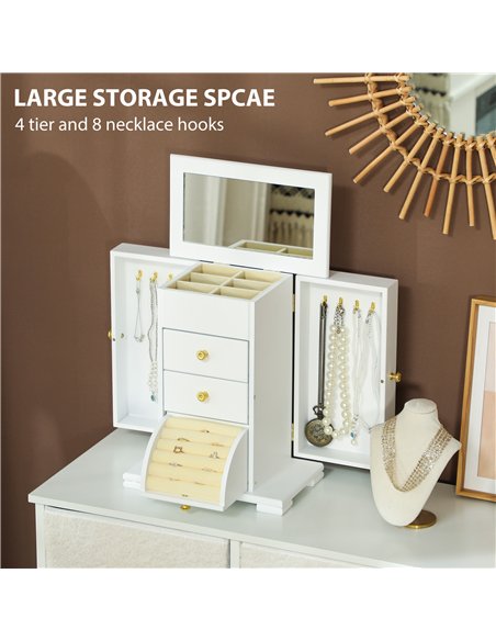 HOMCOM 4-Tier Jewellery Box with Mirror and 2 Drawers - White