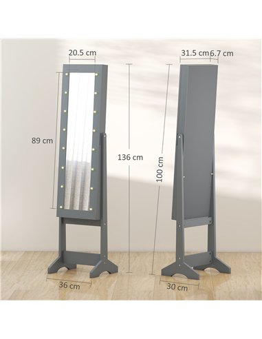 HOMCOM Freestanding Mirrored Jewellery Storage Cabinet - Grey