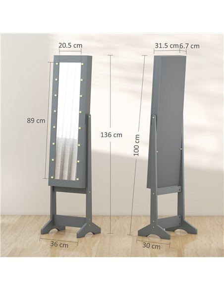 HOMCOM Freestanding Mirrored Jewellery Storage Cabinet - Grey