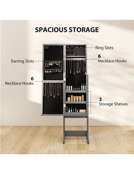 HOMCOM Freestanding Mirrored Jewellery Storage Cabinet - Grey