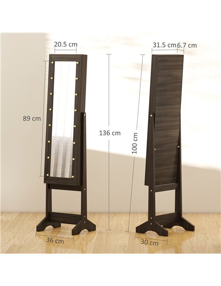 HOMCOM Freestanding Mirrored Jewellery Storage Cabinet - Dark Brown