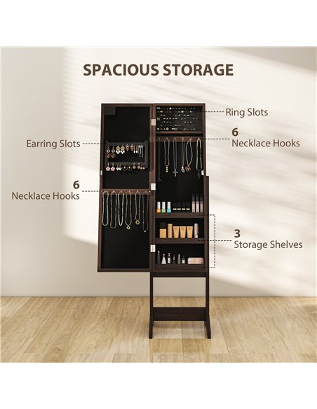 HOMCOM Freestanding Mirrored Jewellery Storage Cabinet - Dark Brown