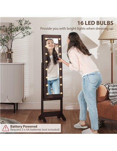 HOMCOM Freestanding Mirrored Jewellery Storage Cabinet - Dark Brown