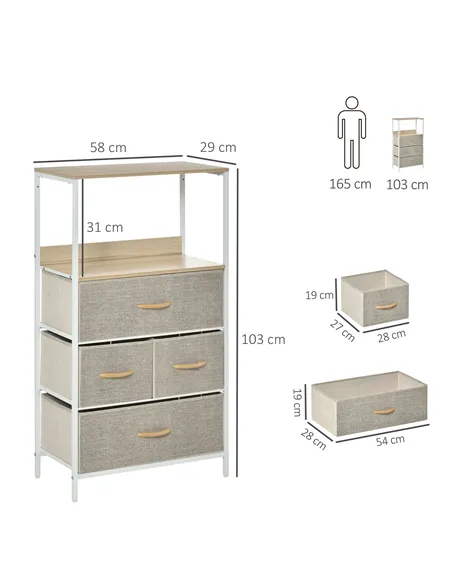 HOMCOM 4 Drawer Storage Chest Unit Home Cabinet w/ Shelves Home Living Room Bedroom Entryway Living Furniture, Light Grey