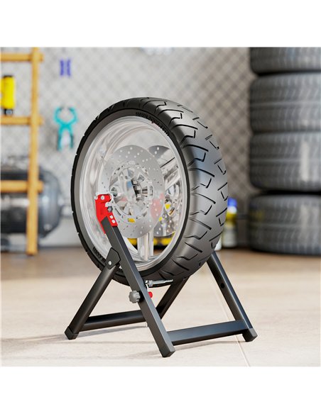 HOMCOM Foldable Motorcycle Wheel Balancer Truing Stand with Spoke Wrench, Steel Bike Tyre Rim Balancing Stand with Aluminium Sha