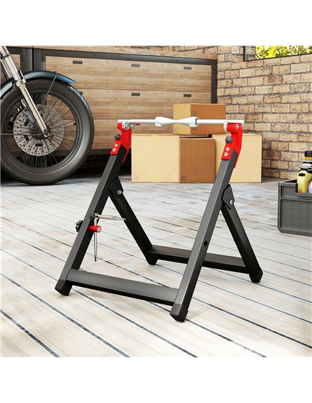 HOMCOM Foldable Motorcycle Wheel Balancer Truing Stand with Spoke Wrench, Steel Bike Tyre Rim Balancing Stand with Aluminium Sha