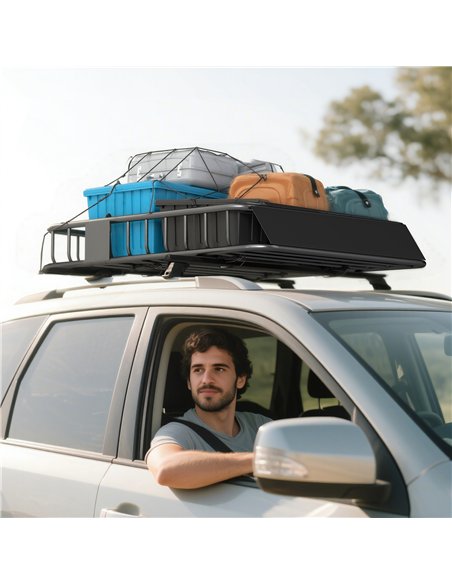 HOMCOM Universal Roof Rack Basket Tray, 90.7 kg Steel Car Rooftop Luggage Cargo Carrier Holder with Wind Fairing, Side Rails for