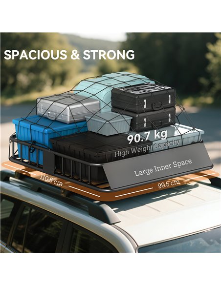 HOMCOM Universal Roof Rack Basket Tray, 90.7 kg Steel Car Rooftop Luggage Cargo Carrier Holder with Wind Fairing, Side Rails for