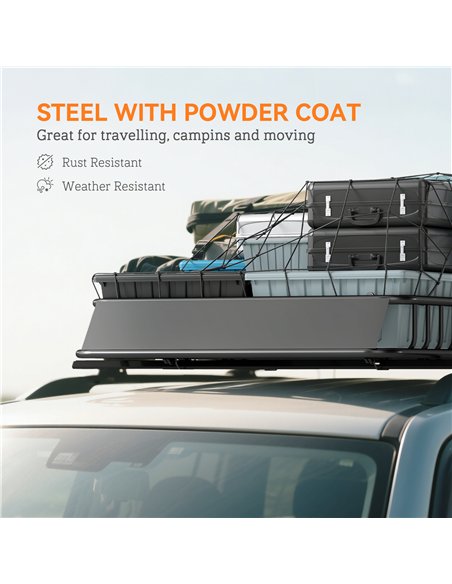 HOMCOM Universal Roof Rack Basket Tray, 90.7 kg Steel Car Rooftop Luggage Cargo Carrier Holder with Wind Fairing, Side Rails for
