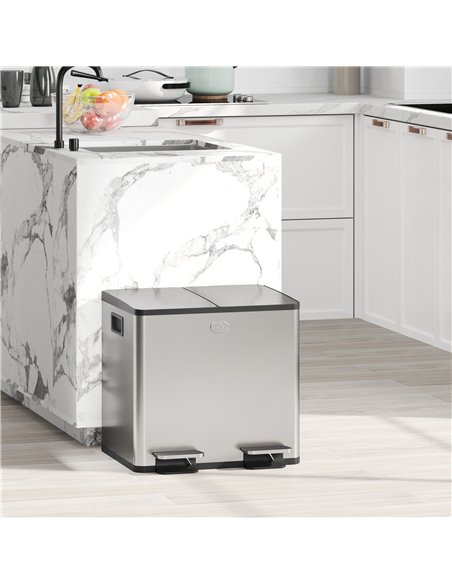 HOMCOM 30L Dual Compartment Stainless Steel Bin, with Deodoriser Holders - Silver Tone