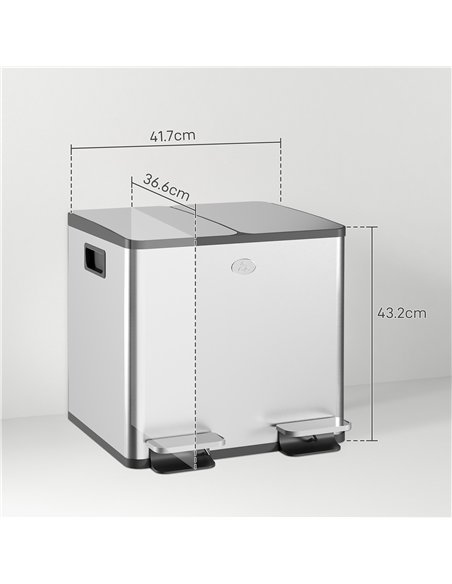 HOMCOM 30L Dual Compartment Stainless Steel Bin, with Deodoriser Holders - Silver Tone