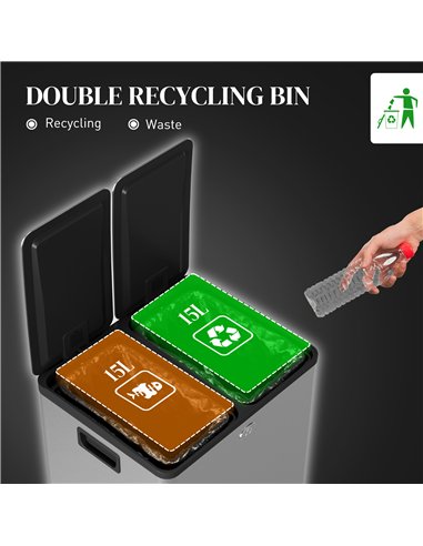 HOMCOM 30L Dual Compartment Stainless Steel Bin, with Deodoriser Holders - Silver Tone