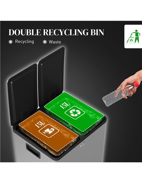 HOMCOM 30L Dual Compartment Stainless Steel Bin, with Deodoriser Holders - Silver Tone