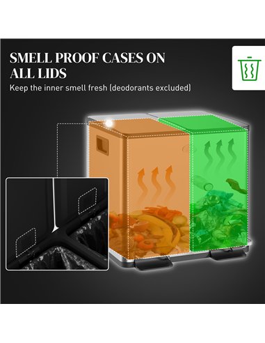 HOMCOM 30L Dual Compartment Stainless Steel Bin, with Deodoriser Holders - Silver Tone