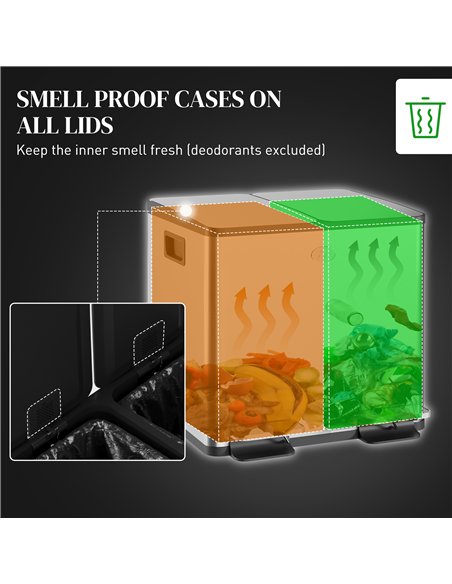 HOMCOM 30L Dual Compartment Stainless Steel Bin, with Deodoriser Holders - Silver Tone