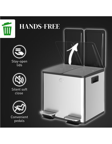 HOMCOM 30L Dual Compartment Stainless Steel Bin, with Deodoriser Holders - Silver Tone